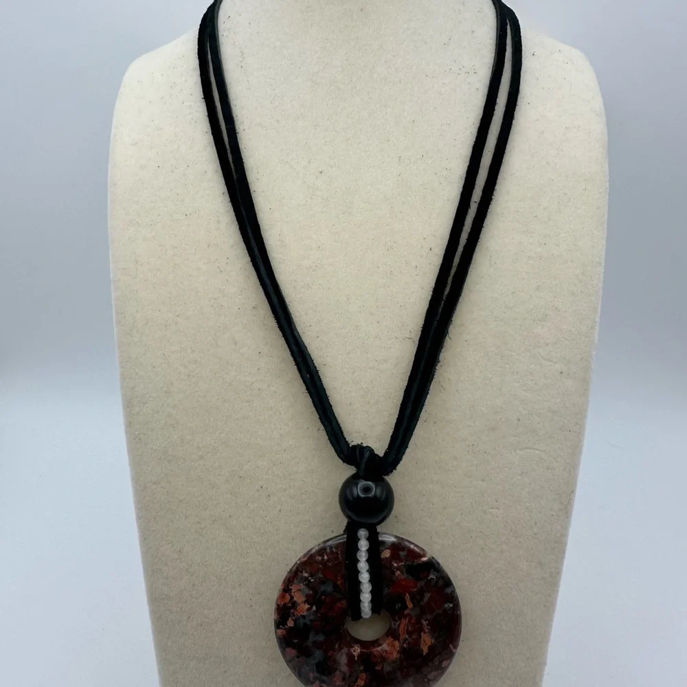 Mexican Crazy Lace Agate Donut Pendant on Genuine Leather